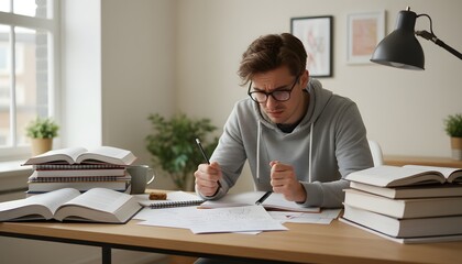 Fototapeta premium A male student looking anxious at his desk, grappling with intense study pressure and a challenging academic concept