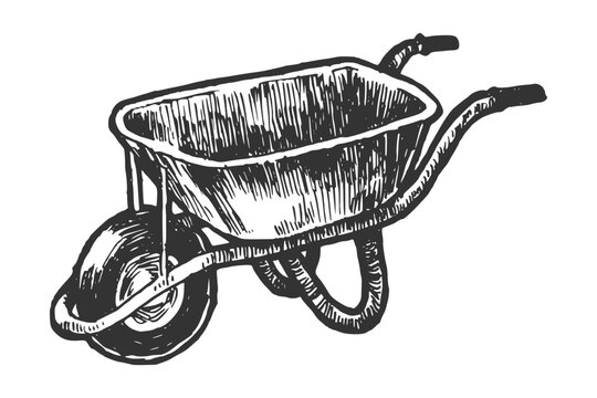 Wheelbarrow illustration. Hand drawn engraving vector style.