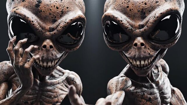 Two grinning aliens with large eyes and skeletal bodies dancing under spotlights
