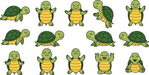 Fototapeta premium Set of Cute Cartoon Turtles with Various Poses and Expressions for Fun Designs
