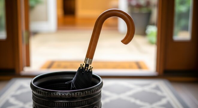 A vintage umbrella with a wooden handle resting inside a black stand.