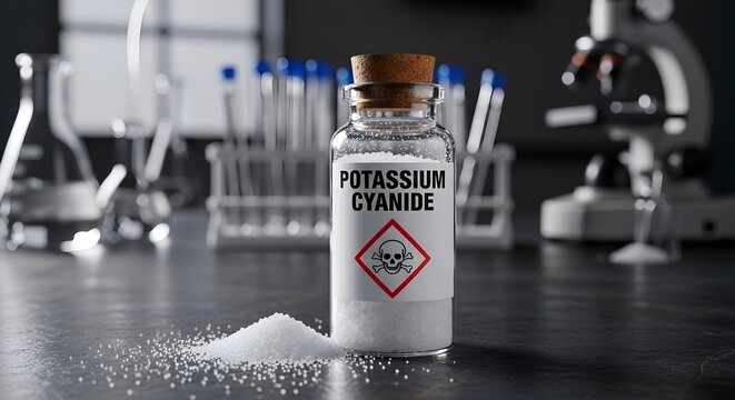 A bottle of potassium cyanide placed on a laboratory bench with other lab equipment.