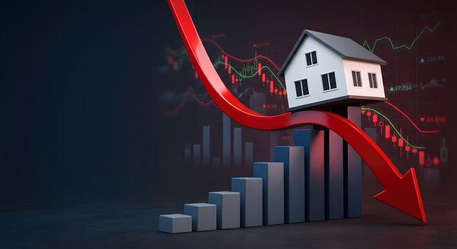 house model balancing on falling bar chart with red downward arrow on dark financial data background representing real estate market crash property devaluing and economic crisis