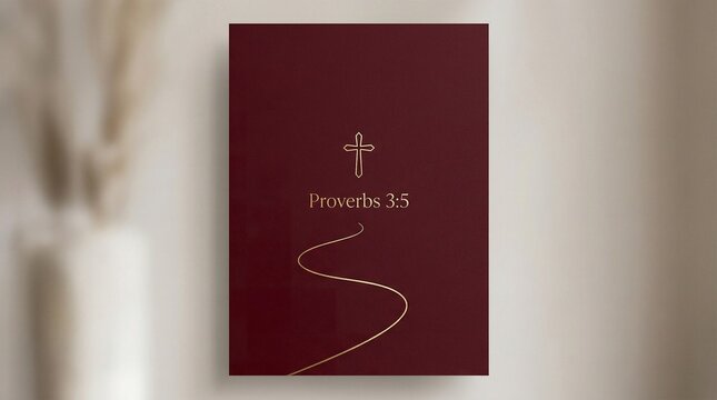 Minimal path leading to small cross outlined in gold line, soft foil reflection, matte dark red background, premium spiritual poster, &ldquo;Proverbs 3:5&rdquo;

