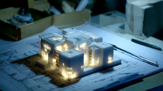 Architectural Model Illuminated on Drafting Table