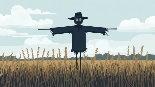 Minimalist Scarecrow in Wheat Field Flat Design