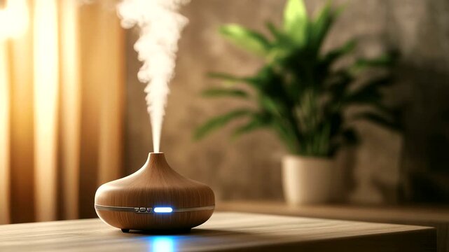 Aromatherapy diffuser releasing steam in a cozy room