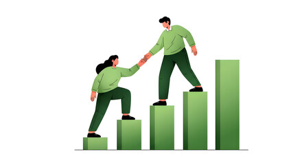 Business growth and success, with a focus on teamwork and support, illustrated by people climbing a green bar chart