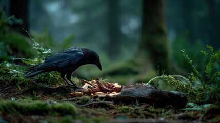 Fototapeta premium Somber Forest Scene with Crow in Flight Over Deer Remains