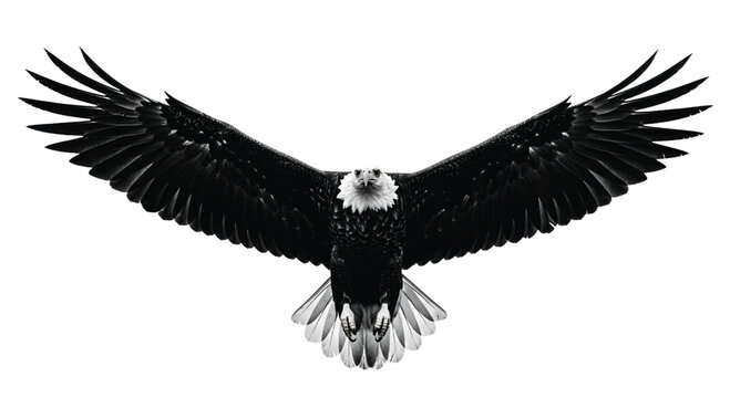 A bald eagle flies directly towards the camera with its wings spread wide