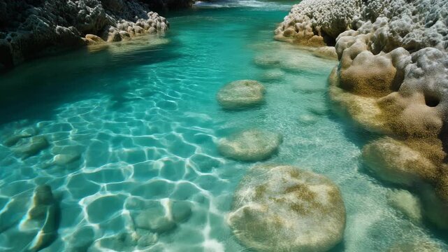 Clear Turquoise Water Flowing Through Stunning Natural Rock Formations Creating Ripple Patterns on Submerged Stones in a Pristine River or Cenote