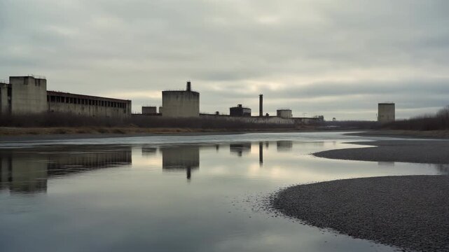 Large concrete industrial complex with silos and towers reflected in a calm river under a dramatic overcast gray sky
