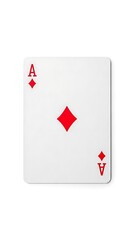 Obraz premium Symmetrical Ace of Diamonds playing card with vivid red accents standing out against a neutral white isolated background.