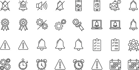 Fototapeta premium Hand Drawn Notification and Alert Icon Set with Bells Alarms Settings Checklists and Warning Symbols Outline Vector Collection