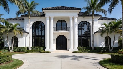 Fototapeta premium Luxury Mediterranean Mansion Exterior with Symmetrical Columns, Palm Trees and Grand Entrance Driveway in Bright Daylight