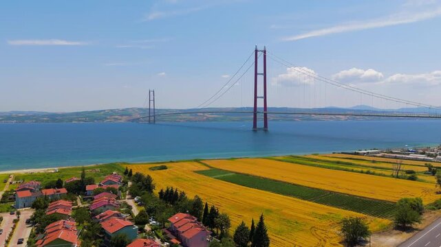 Lapseki, Turkey. 1915 Canakkale Bridge Aerial View on Sunny Day, Drone Shot of World s Longest Suspension Bridge Over Dardanelles Strait. Aerial View