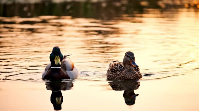 Two mallard ducks swimming on calm water at golden hour
