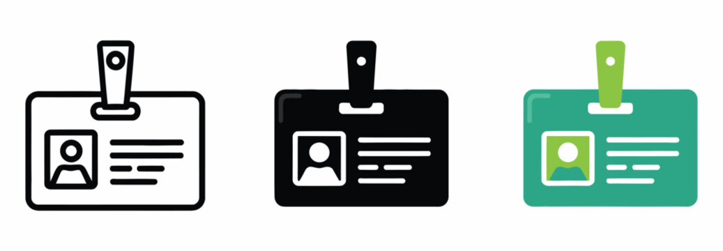 Identification badge icons set including staff ID cards, visitor passes, and lanyard name tags, ideal for workplace security
