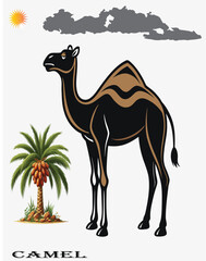 Fototapeta premium Camel standing next to palm tree in desert with sun and clouds