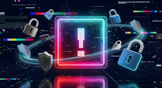 cyber security warning alert with digital padlocks and shields for data breach prevention system hack protection and network safety in abstract futuristic glitch background