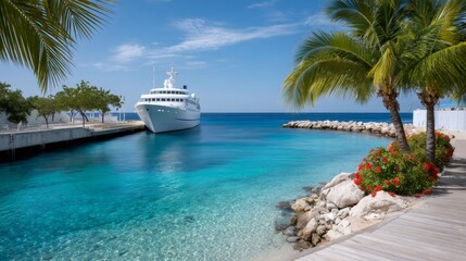 Fototapeta premium Luxury cruise ship docked Caribbean harbor palm trees