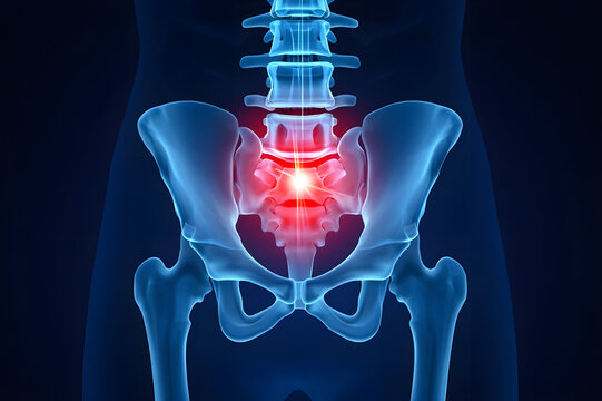 Human Pelvis and Spine with Red Coccyx Pain Highlight injury