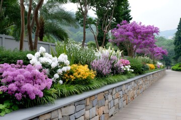 Fototapeta premium Colorful flowers blooming along stone wall in a lush garden