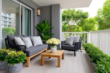 Fototapeta premium Modern balcony design showing outdoor patio furniture and plants