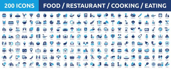 Naklejka na ściany i meble Huge set of 200 solid icons. Mega collection concept of food, restaurant, kitchen, cooking and eating. Vector illustration.