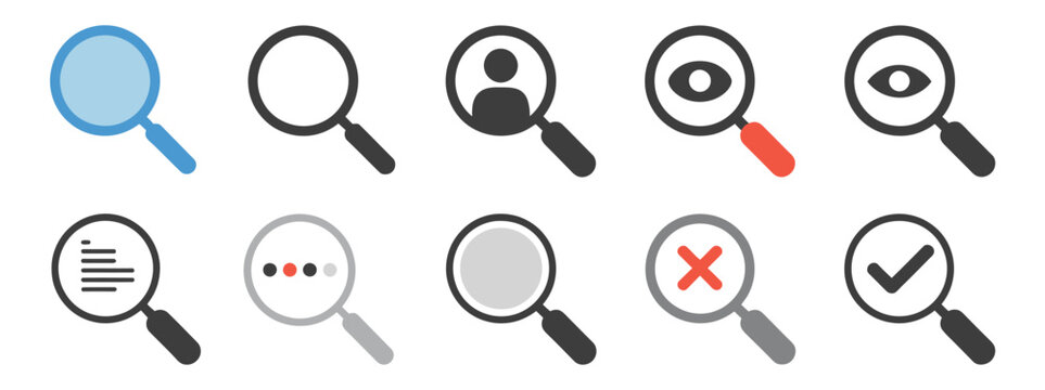 Magnifying glass icons representing search and discovery in various styles and colors, perfect for web design, user interfaces