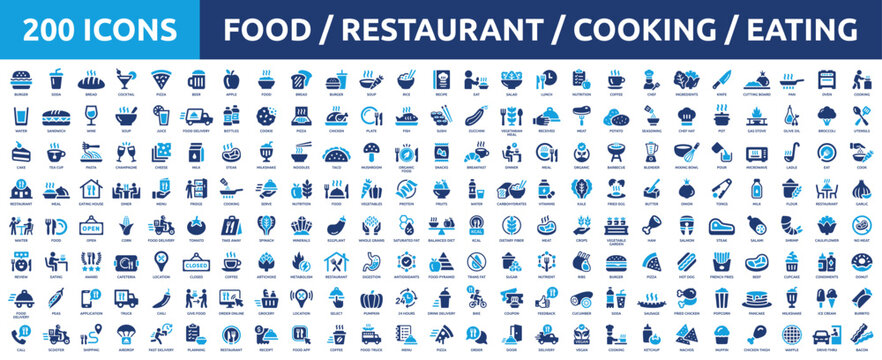 Huge set of 200 solid icons. Mega collection concept of food, restaurant, kitchen, cooking and eating. Vector illustration.