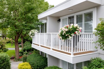 Fototapeta premium Apartment balcony with white railing and blooming flowers