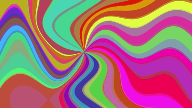 Abstract Colorful Psychedelic Spiral Background with Wavy Liquid Stripes Rotating Seamlessly in a Vibrant Retro Groovy Loop Motion Graphic