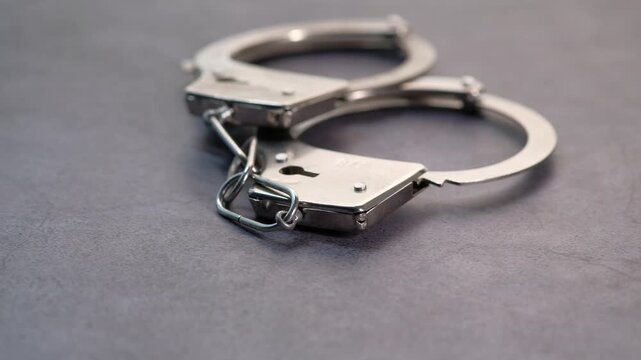 Close up video of metal handcuffs resting on a dark textured surface, symbolizing justice and law