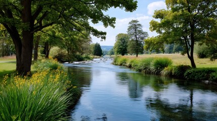 Fototapeta premium Summer nature landscape with river flowing through green banks