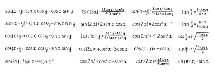 Trigonometry angle formula set featuring sine cosine tangent identities double triple half reduction relations equations notation education reference guide