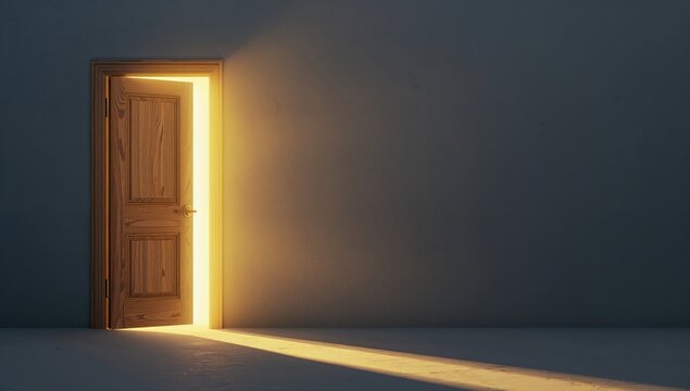 Open wooden door with warm light illuminating the space inside