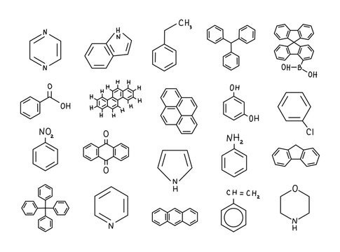 Organic chemistry set in outline line art featuring ethylbenzene aniline pyrazine fluorene spirobifluorene pyrene chrysene benzoic acid styrene chlorobenzene nitrobenzene anthraquinone