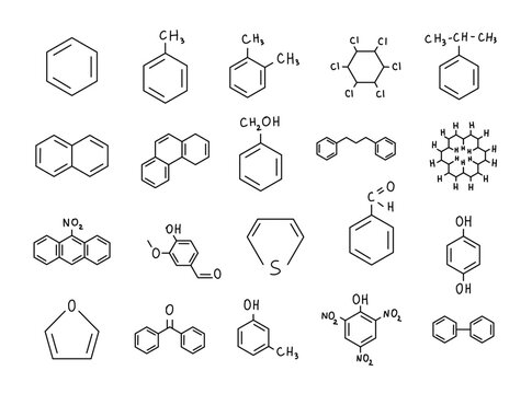 Organic chemistry set in outline line art featuring benzene derivatives heterocycles polycyclic hydrocarbons aldehydes ketones phenols acids nitrated molecules structural formulas