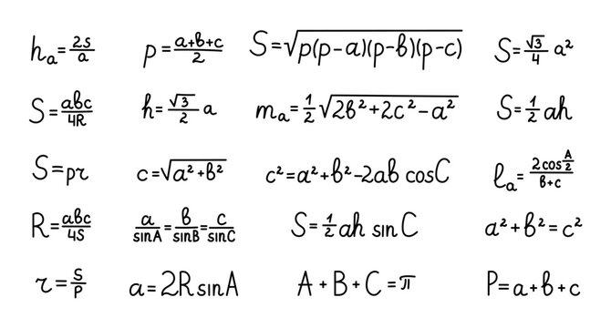 Geometry triangle formula set featuring altitude semiperimeter heron equilateral circumradius inradius median bisector cosine sine pythagorean perimeter relations education