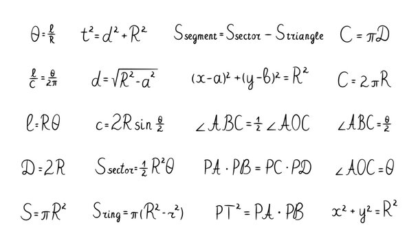 Geometry circle formulas set with central angles arc length chord relations sector area circumference equations diameter radius theorems for your illustration