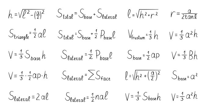 Stereometry pyramid formula set featuring height slant surface area volume frustum inradius polygon base square lateral summation expressions education
