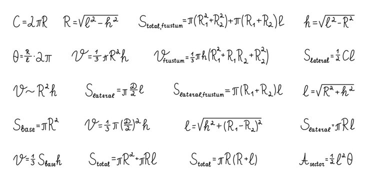 Stereometry cone formula set with volume surface frustum sector development radius height diameter slant circumference geometry mathematics education diagram