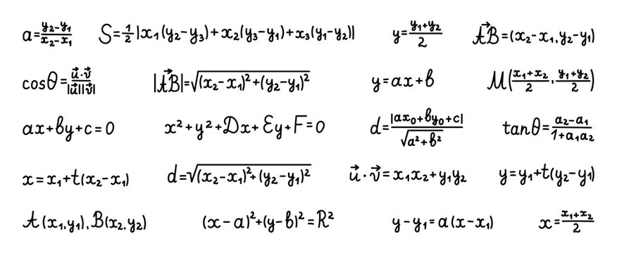 Coordinate geometry formula set with slope distance midpoint vector circle line angle parametric equation representation analytic plane algebra mathematics