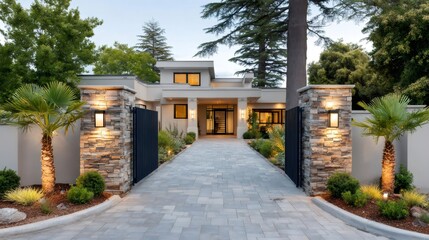Modern luxury home entrance with stone pillars