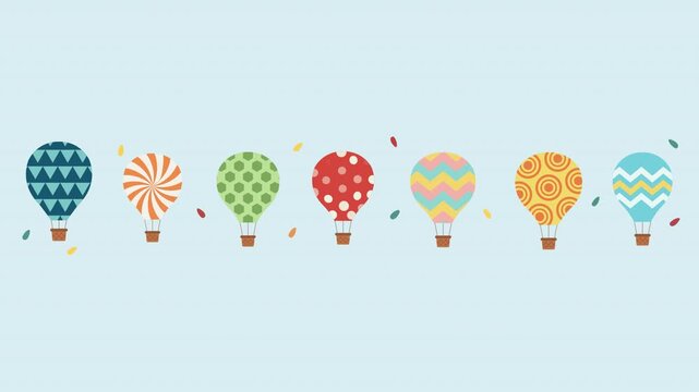 Colorful hot air balloons animated in a light blue sky with smooth floating motion and playful retro styling. Cheerful festival-themed background with whimsical flat design, perfect for travel, summer