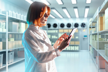 Warehouse operations. Female employee in storage facility uses smartphone to check inventory and...