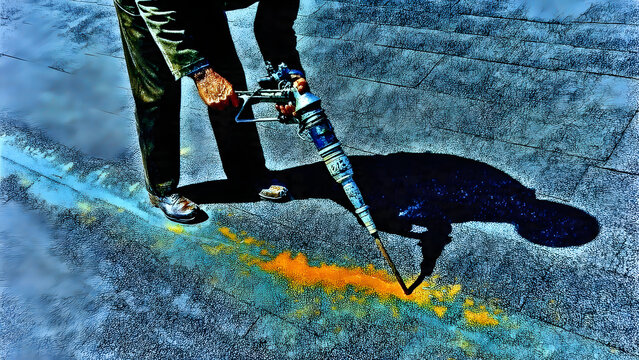 Ultra-realistic aerial rooftop capture showing technician hand sealing extensive flashing run with caulking gun and polyurethane