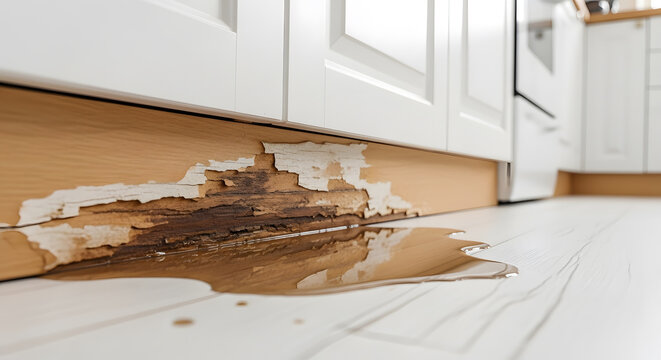 Water damage to kitchen cabinets and floor | Peeling paint from baseboard water leak | Home repair due to flood damage in kitchen | Molding wood rot from plumbing leak 