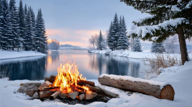 Campfire burning by river in winter forest landscape